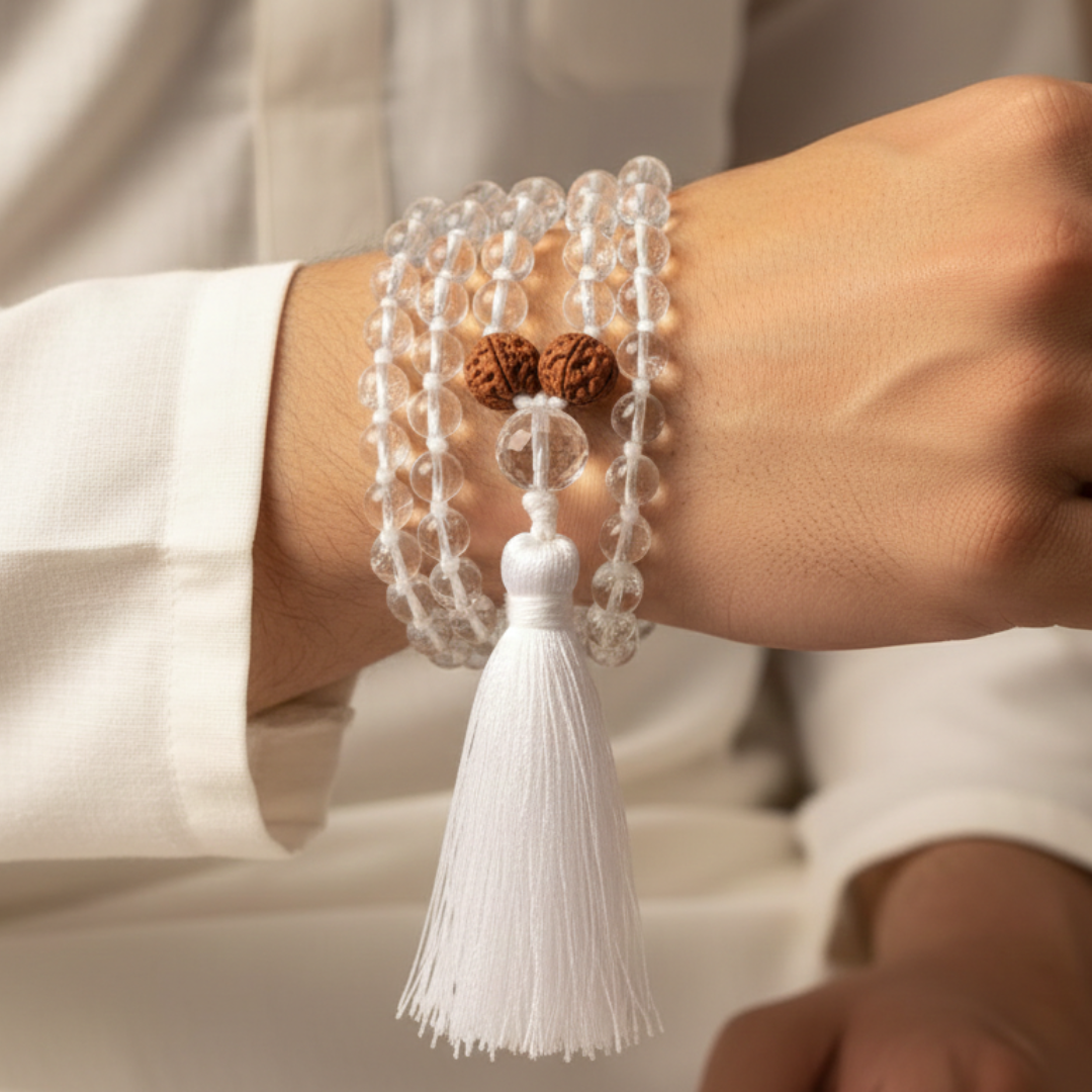 Clear Quartz (54+1) Guru Bead Japa Mala For Clarity, Amplification & Purity