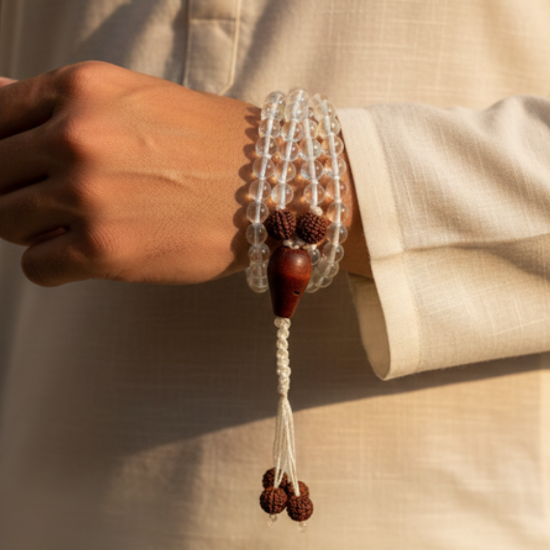 Aura Quartz (54+1) Guru Bead Japa Mala For Energy Alignment, Positivity & Spiritual Awakening