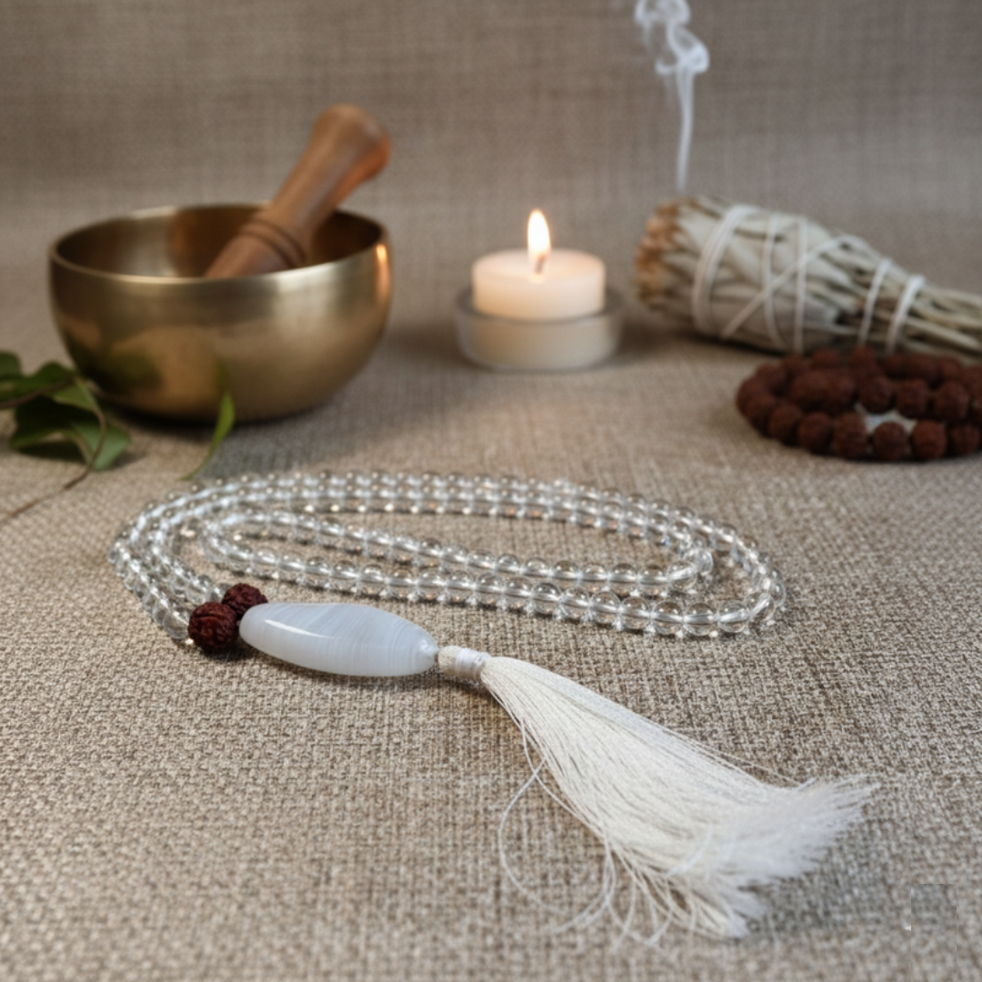 Clear Quartz 108+1 Japa Mala For Clarity, Amplification & Purity