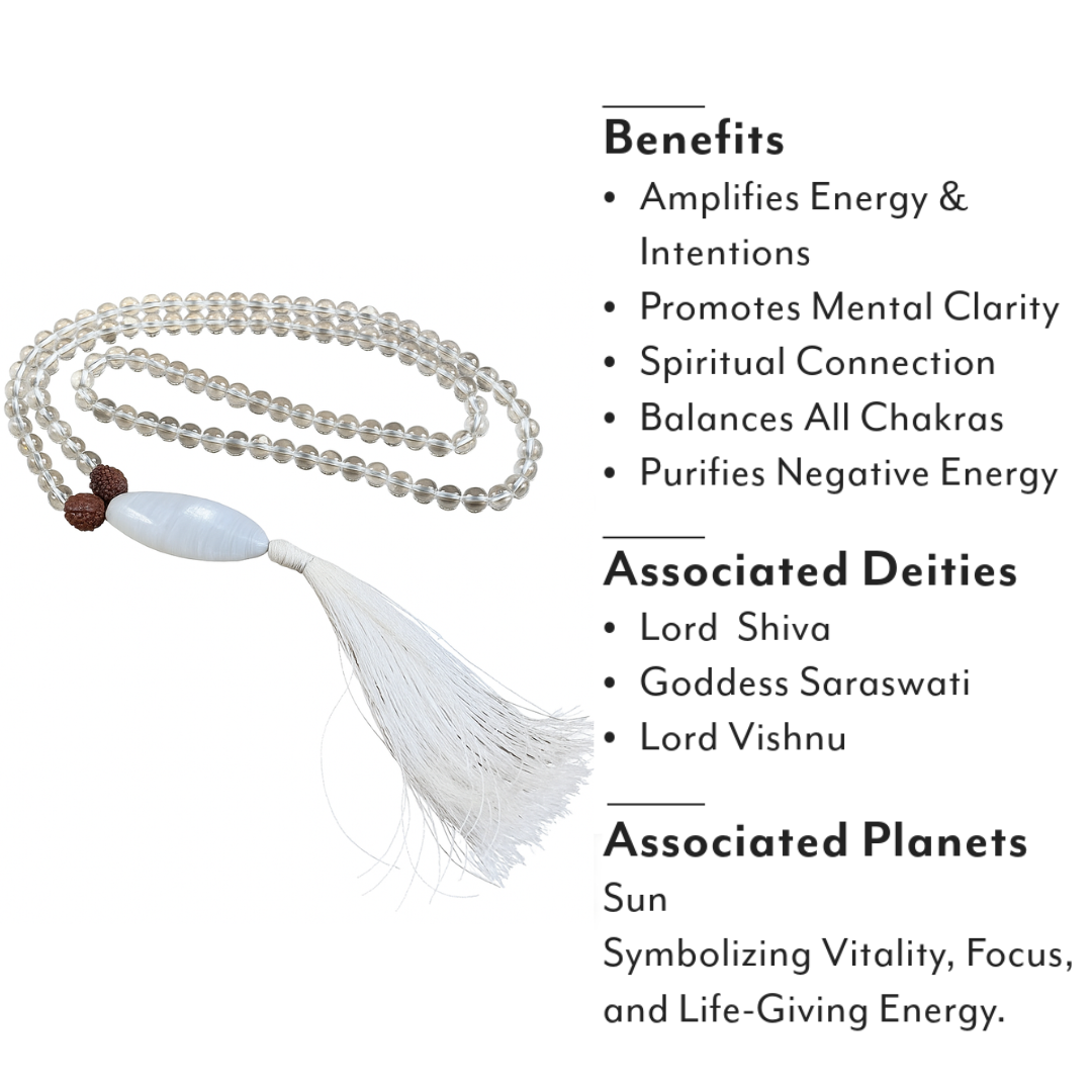 Clear Quartz 108+1 Japa Mala For Clarity, Amplification & Purity