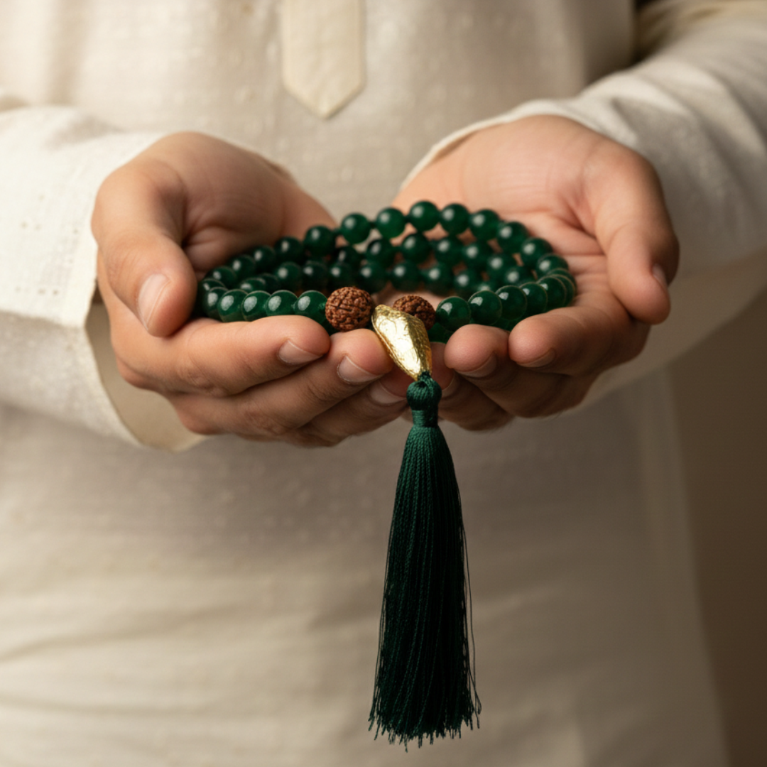 Green Onyx 54+1 (Guru Beads) Japa Mala For Calmness, Clarity & Inner Strength
