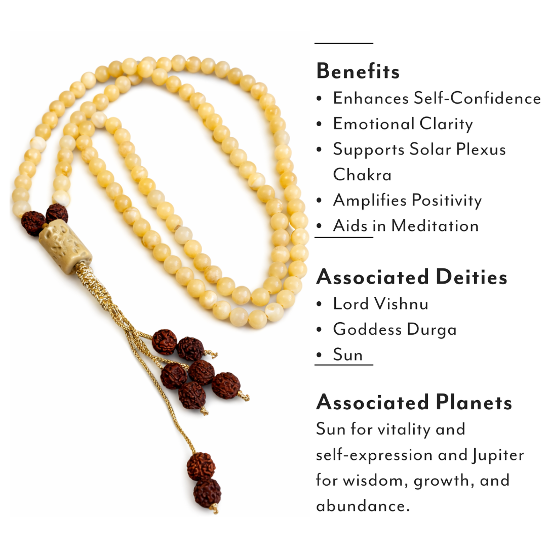 Yellow Calcite (108+1) Guru Beads Japa Mala For Positivity,Confidence & Clarity