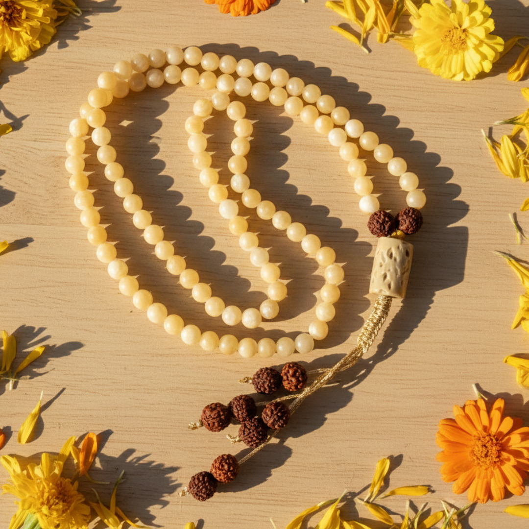 Yellow Calcite (108+1) Guru Beads Japa Mala For Positivity,Confidence & Clarity
