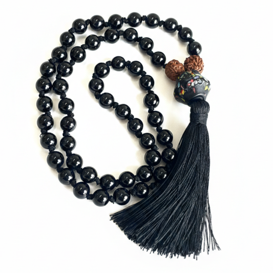 Black Tourmaline (54+1) Guru Bead Japa Mala For Protection, Grounding, Resilience
