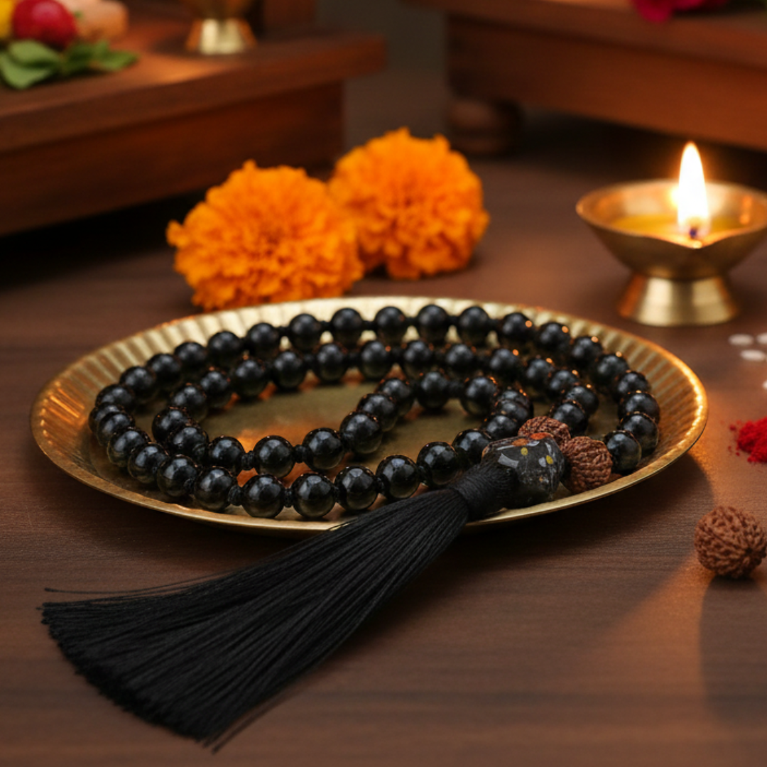 Black Tourmaline (54+1) Guru Bead Japa Mala For Protection, Grounding, Resilience