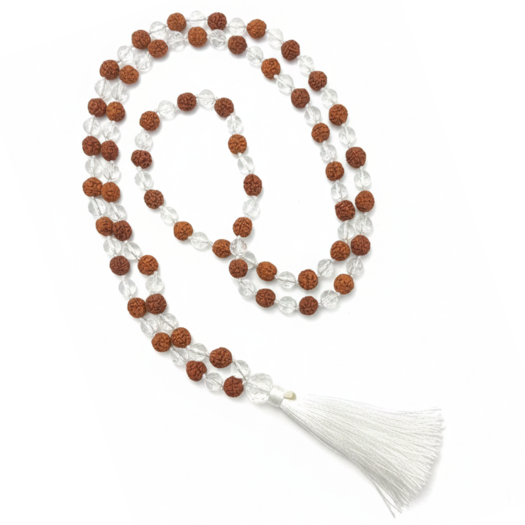 5 Mukhi Rudraksha+Clear Quartz (108+1) Guru bead Japa Mala For Purity, Clarity & Balance