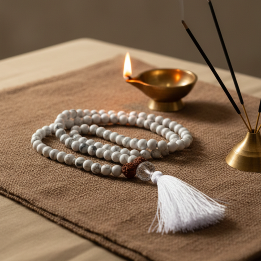 Howlite (108+1) Guru Bead Japa Mala For Calmness, Awareness & Balance